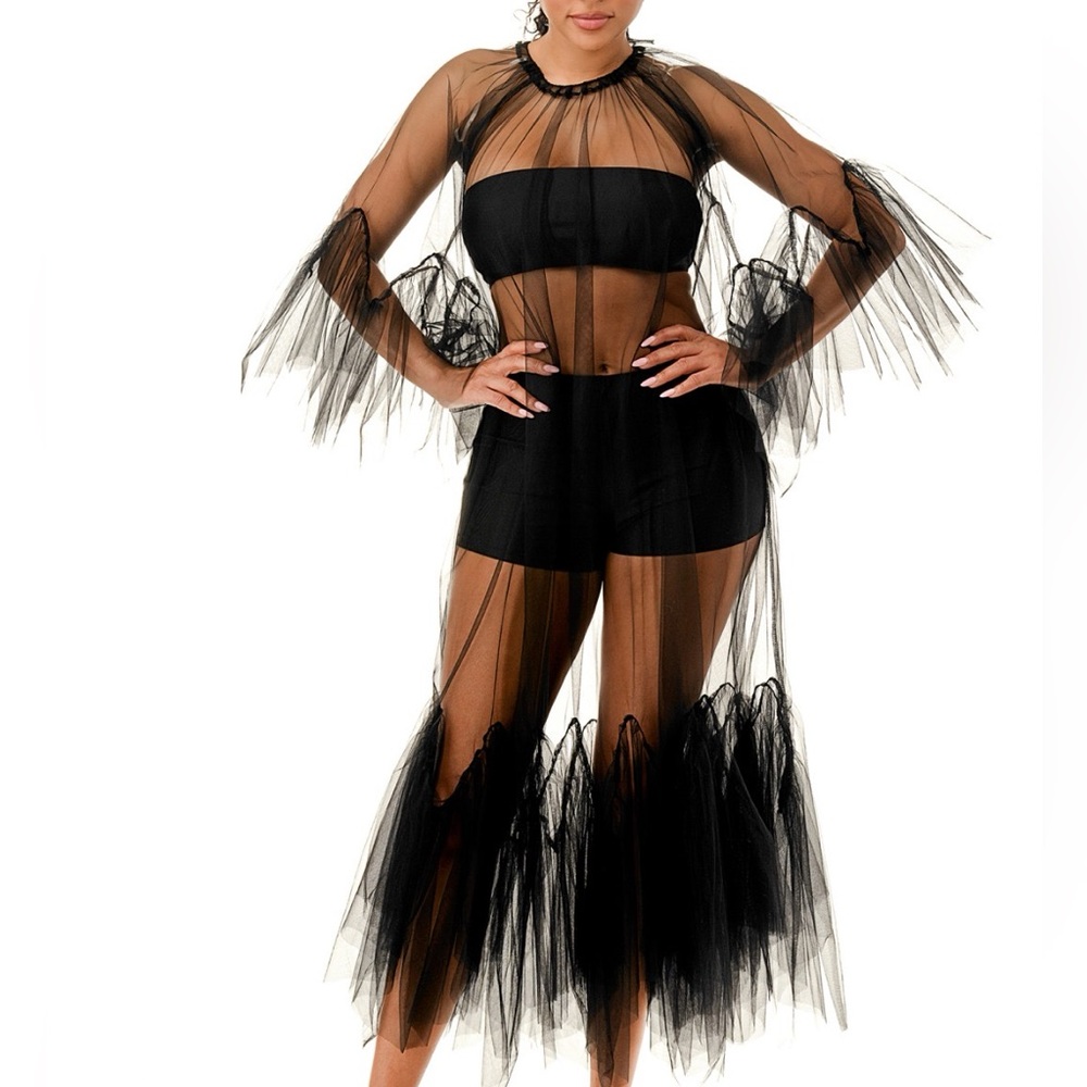 PLUS SIZE AND REGULAR SIZE AVAILABLE Ruffle Trim Mesh Overlay Dress - Picture 2 of 3